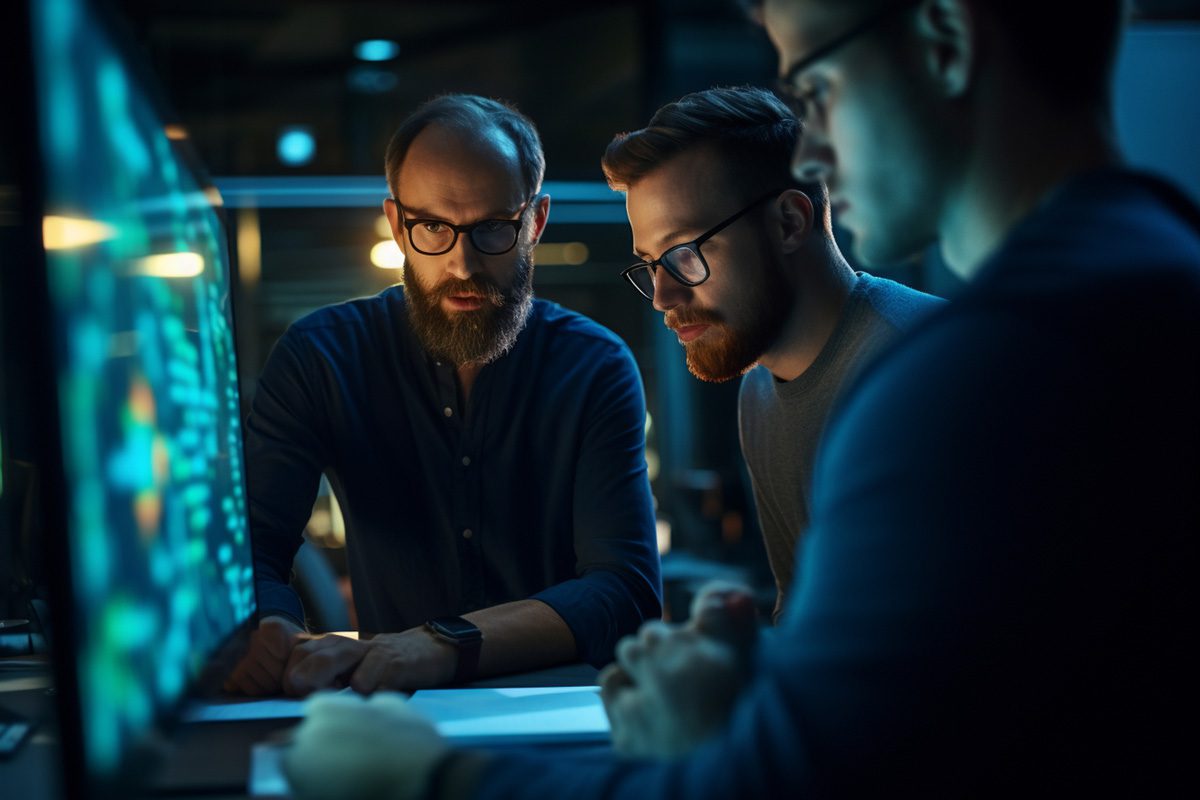 Three men are looking at a laptop screen.