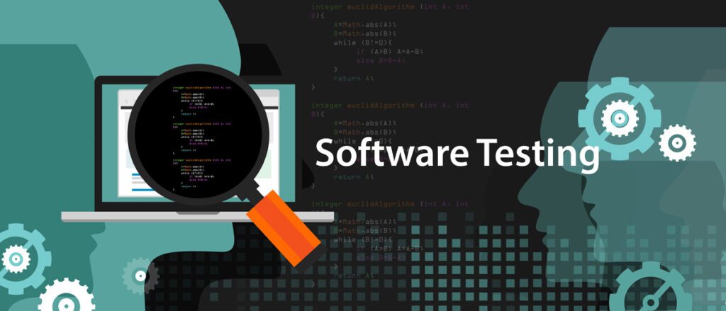 A graphic that reads “Software testing” with an animated magnifying glass over an animated computer in El Paso.